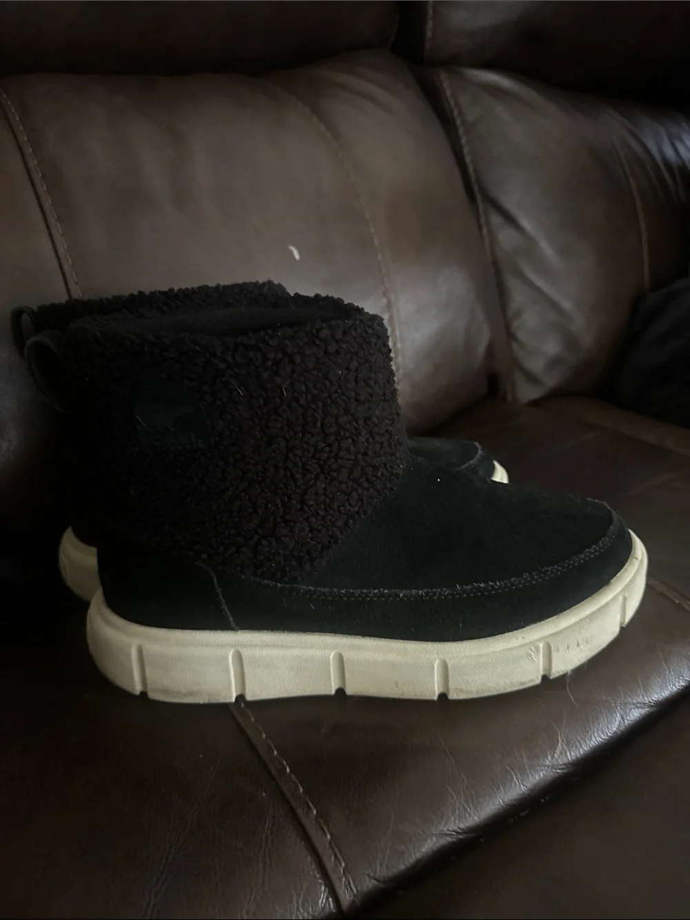 Sorel woman’s explorer 3 Black Suede Fold-Over Sherpa Boot with Cream Sole